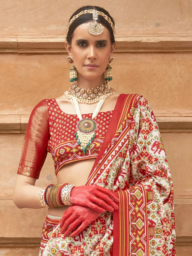 Alluring Beige Patola Printed Silk Event Wear Saree With Blouse